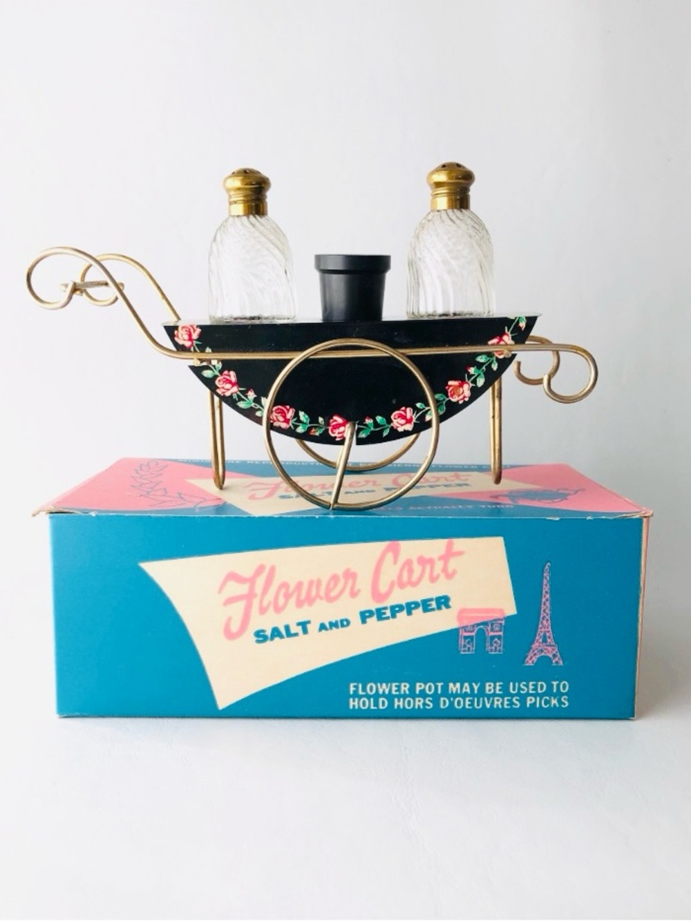 Vintage Flower Cart Salt & Pepper Set - Black with Gold & Rose Details